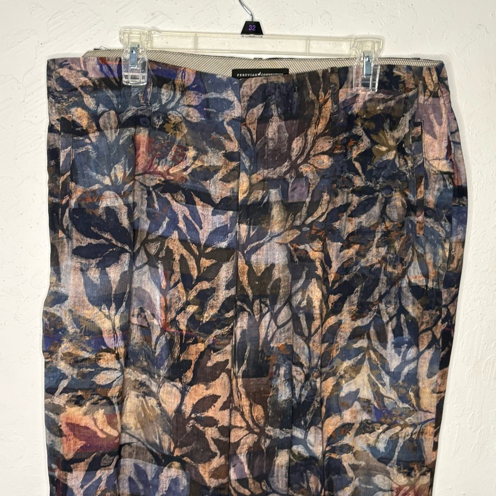 Peruvian Connection Lightweight Size 16 Wide Leg Pants Indigo Leaf Print